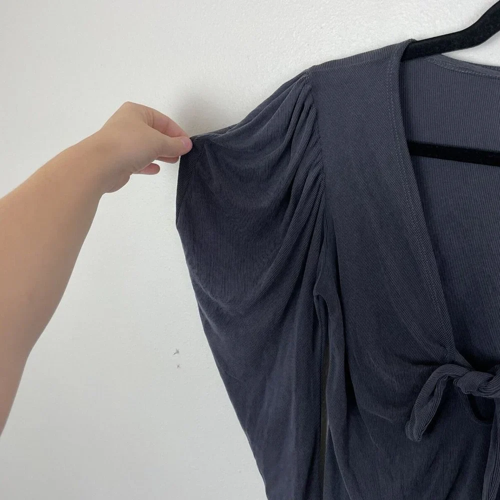 Free People Puff Shoulder Tie Front Tie The Knot Top Ribbed Long Sleeves Gray S